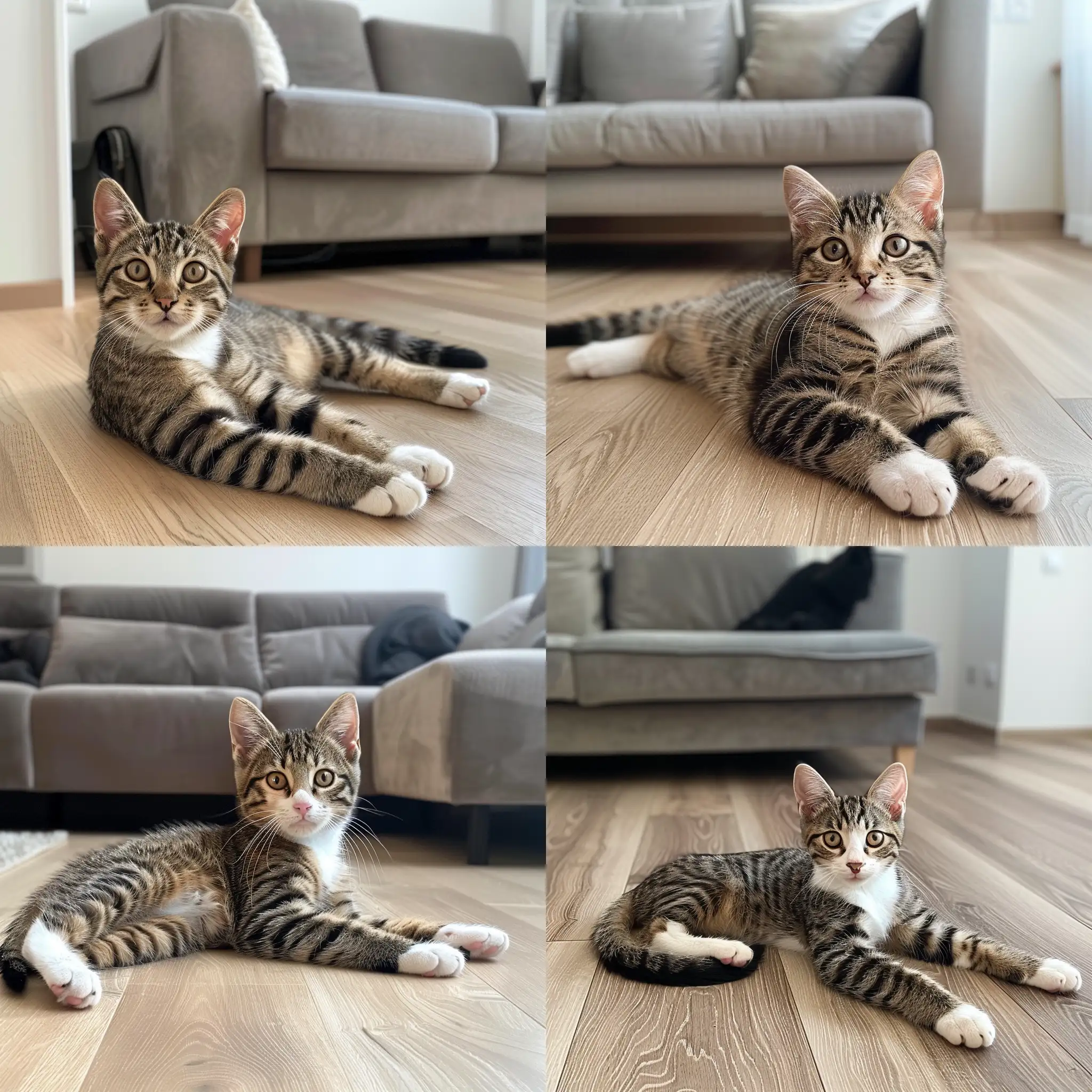 Adorable-EightMonthOld-Tabby-Cat-Relaxing-in-LightColored-Living-Room-with-Gray-Sofa