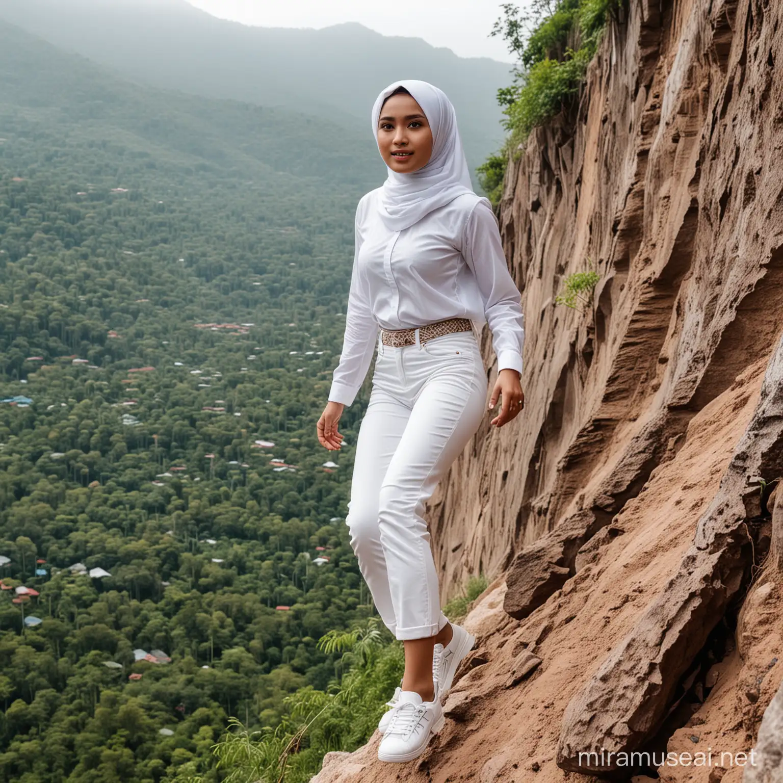 Seorang gadis cantik gadis Indonesia memakai hijab berbaju kemeja putih celana panjang ketat putih sepatu putih sedang memanjat tebing larang belakang gunung