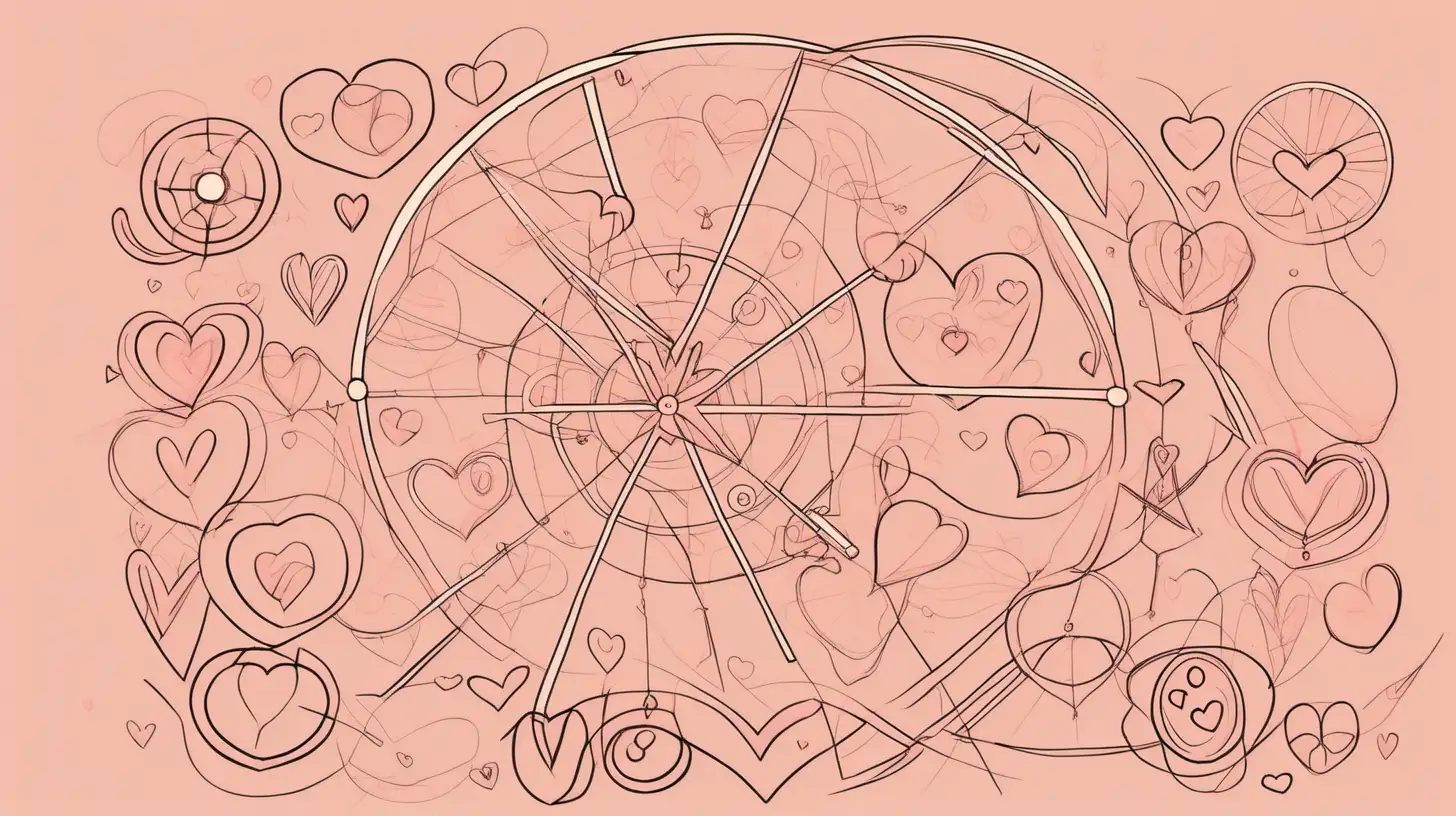 love , loose lines, muted color palette, , little flying hearts, astrological wheels, women and men