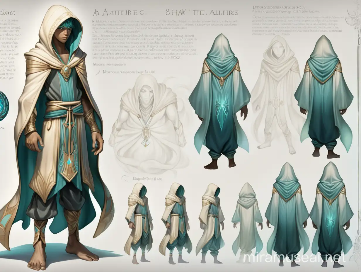 A detailed character design sheet, featuring the back, featuring the front and full body of a teen boy shrouded in mystery from a realm beyond the known universe, possessing otherworldly abilities, who possess an androgynous appearance and an air of quiet intensity. His knowledge and abilities are unlike anything encountered before, making him a valuable asset despite his enigmatic nature. His attire reflects their otherworldly origins. He wears a flowing robe woven from an unknown material that shimmers with an ethereal light. Luminous markings adorn his skin, pulsing faintly with energy. A hood obscures most of his face, adding to the mystery surrounding him. The style is reminiscent of classic fantasy art, with a character concept emphasizing chaos.