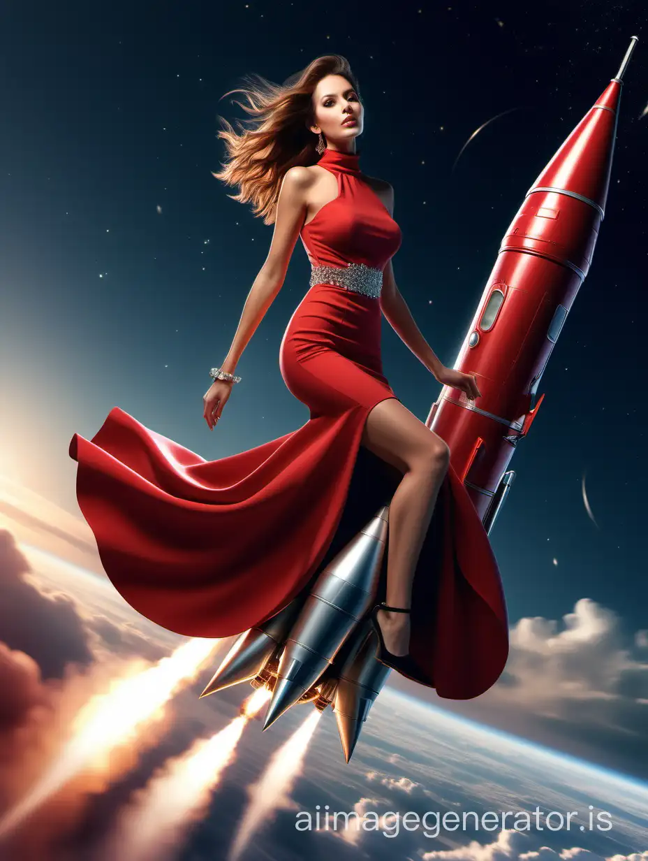 fantastic visualization of a beautiful woman riding on a rocket. She is flying on the metal rocket like a Harry Potter was flying riding on a broom. Full length body. She flies riding a rocket. She is sitting on the metallic rocket flies up into the sky, she fliing in the clouds. fantastic romantic atmosphere. Vibrant colour of sunset. She is: stunning slim woman, simmetrical face, long thick hair, big bust, dressed in luxurious evening long lush red dress with high neckline and neckline, high heel shoes on her legs, choker and bracelet with rhinestones. Hair develops, dress develops during flight, flight effect, movement effect on a rocket. hd, 8k, ultra high definition. Style: Ultra-realistic digital painting with intricate details, photo-realistic. Rendered in a hyper-realistic style. correct body proportions, correct legs