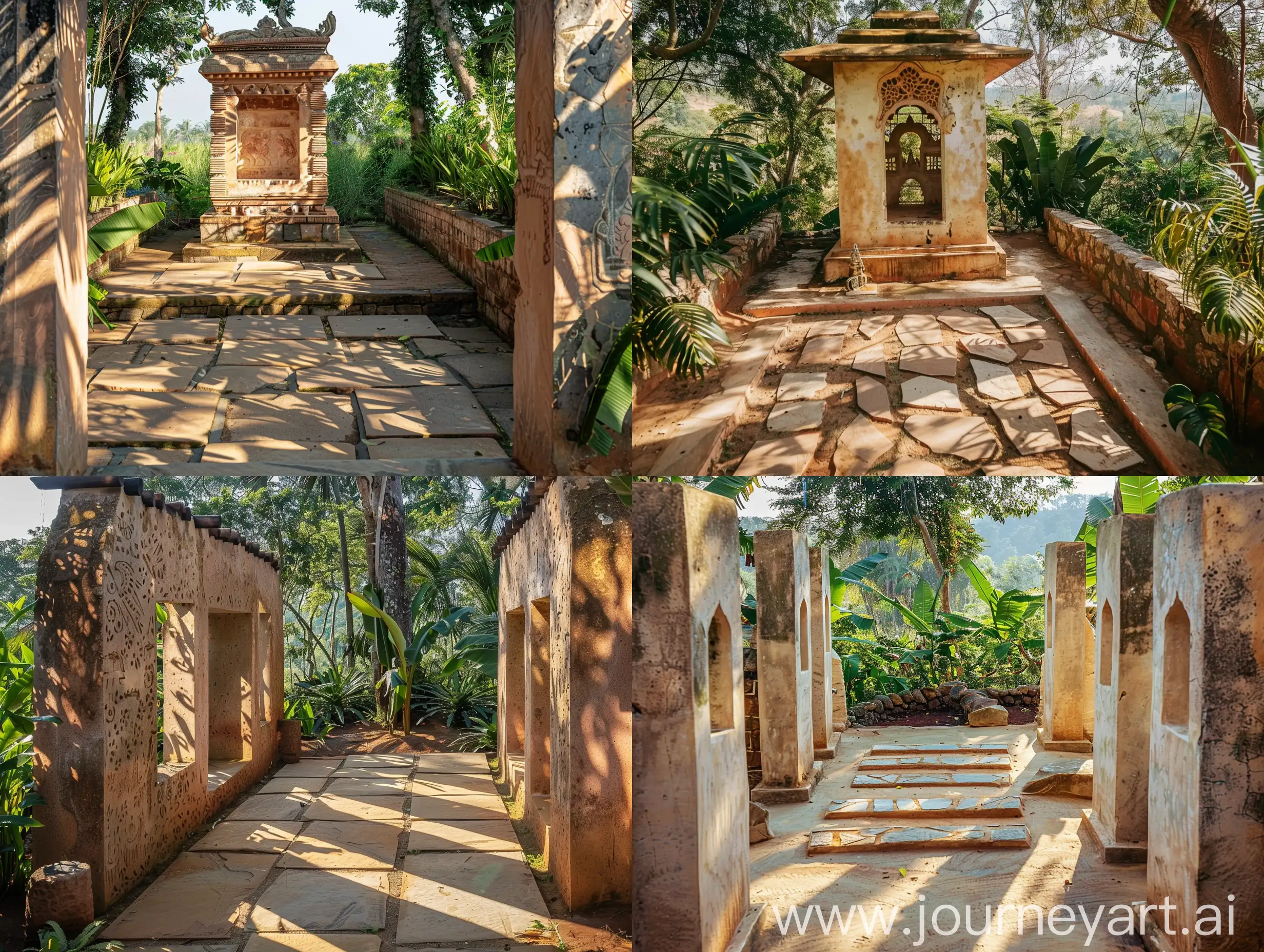 a dainty shrine made with walls of lime plaster and laterite stone. the passage around the shrine has natural stone slabs and a lot of lush landscape in the background. The sun casts shadows on the shrine as light escapes the trees and plants.