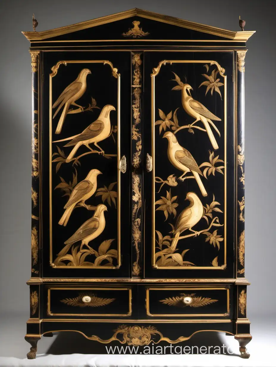 wardrobe with decorative wooden birds. england 1840