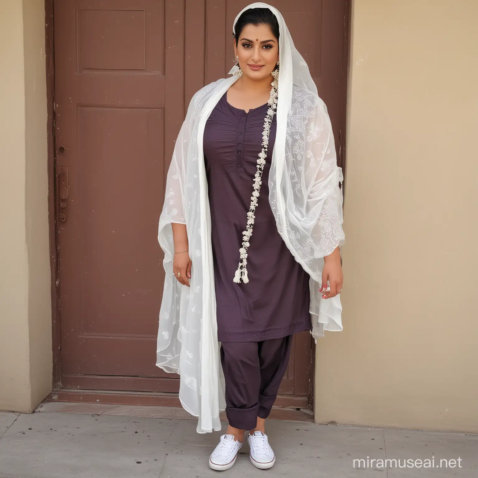 A busty Punjabi anuty wearing full perfect Shalwar Kameez wait white shawl and a pair of white converse ballerina 