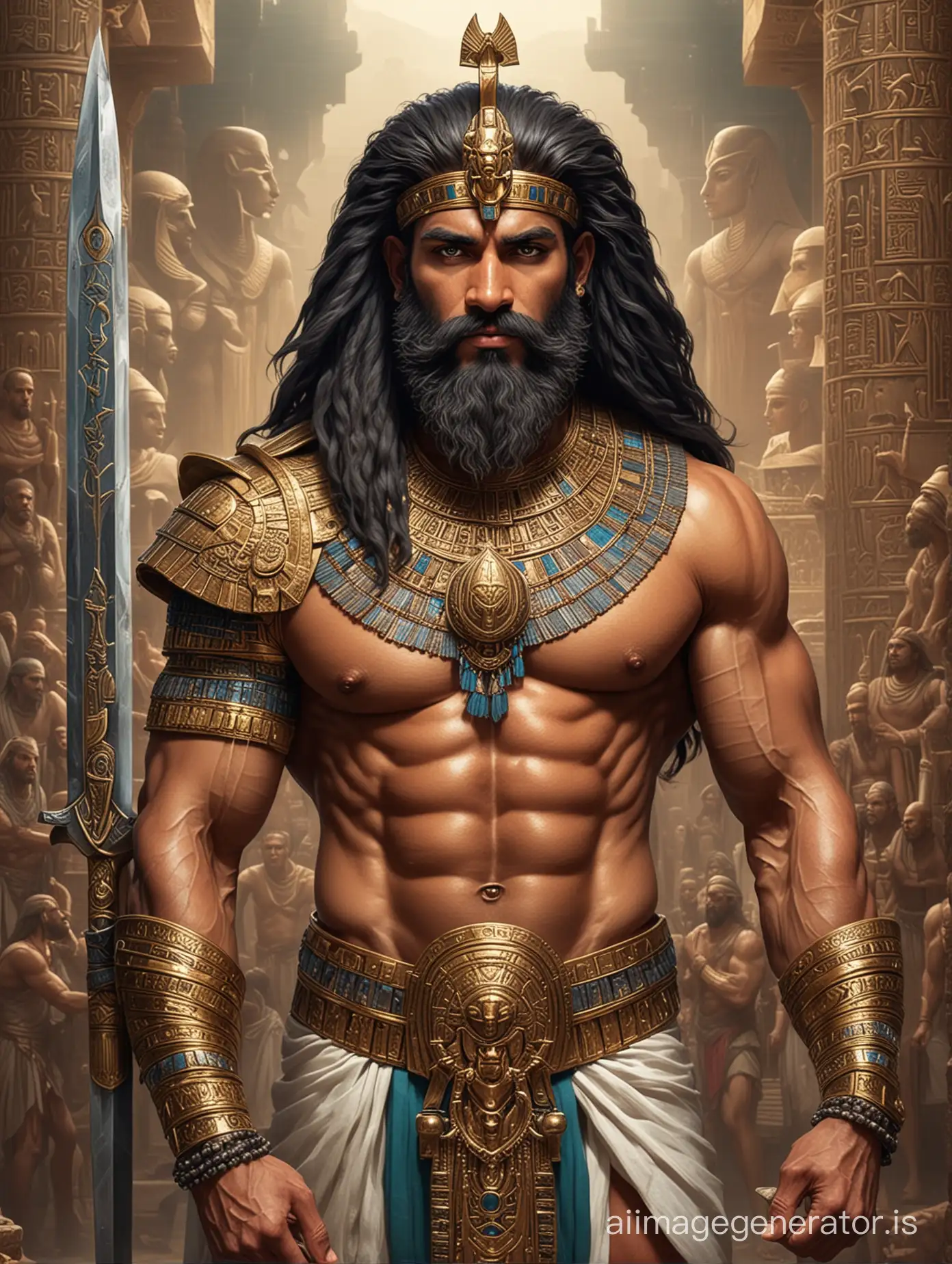 Ancient Egyptian human king with ancient Egyptian jewellery who is a bodybuilder with huge beard and holding just one ancient beautiful sword  and a temple background with a huge lined up army