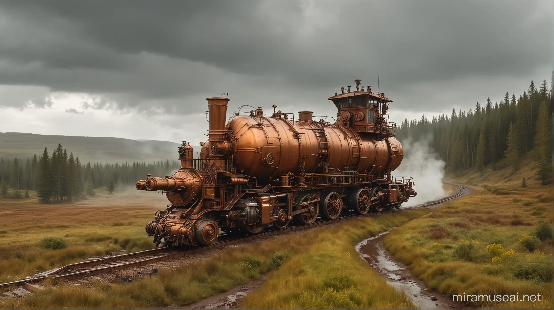 a strange giant steampunk vehicle crosses a ditch across its route in the wilderness. the vehicle is made of copper and gold. large engines, caterpillar tracks, steam, smoke. Rainy and cloudy
