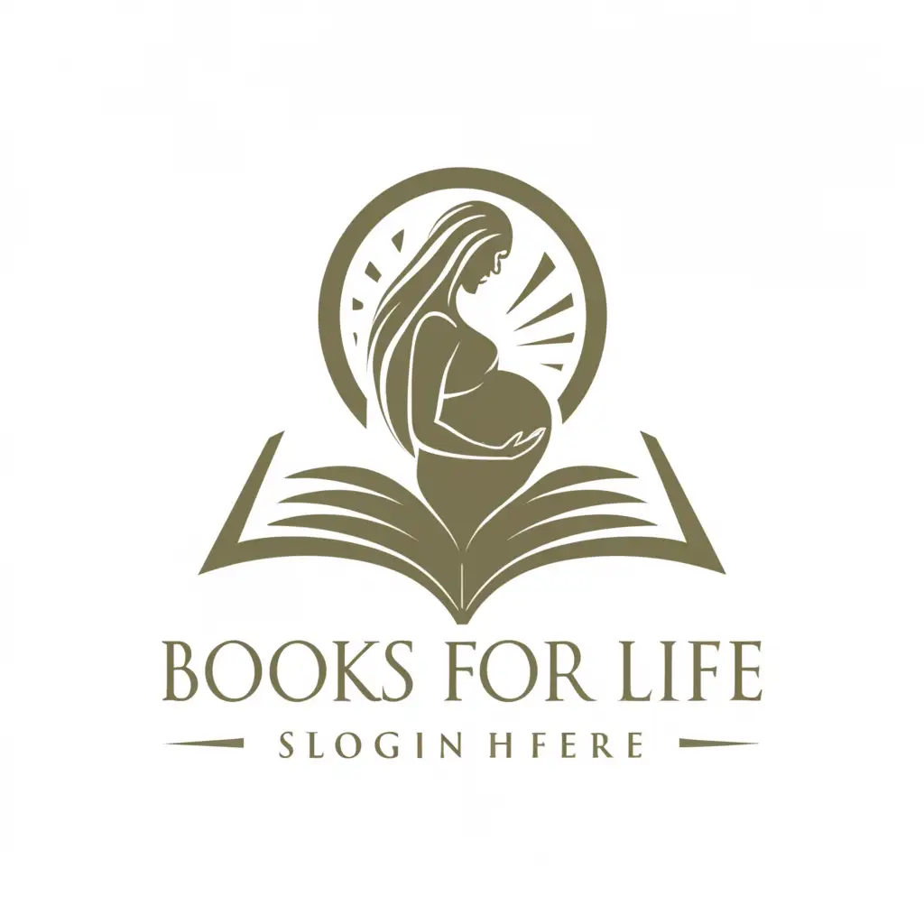 a logo design,with the text 'Books For Life', main symbol:Book featuring a pregnant woman,complex,be used in Religious industry,clear background