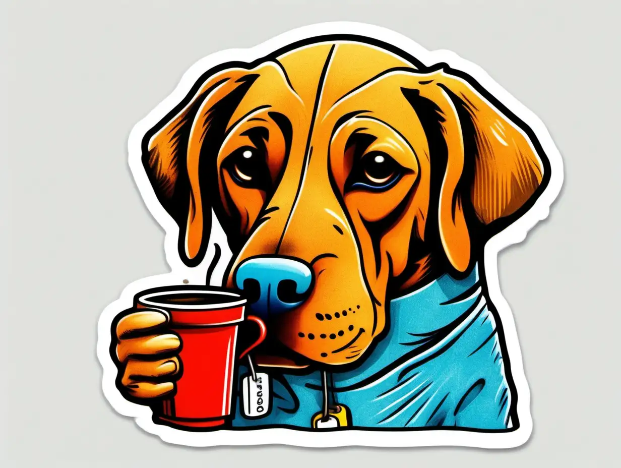a cartoon character lab dog drinking coffee, vibrant color, like a sticker, white background, in the style of Robert Rauschenberg