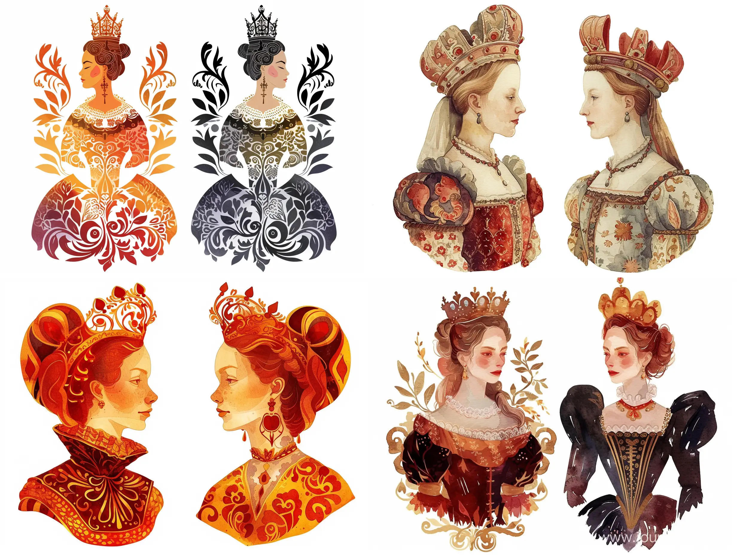 Renaissance-Queens-Reflective-Ornament-Variants-Decorative-Watercolor-Illustration