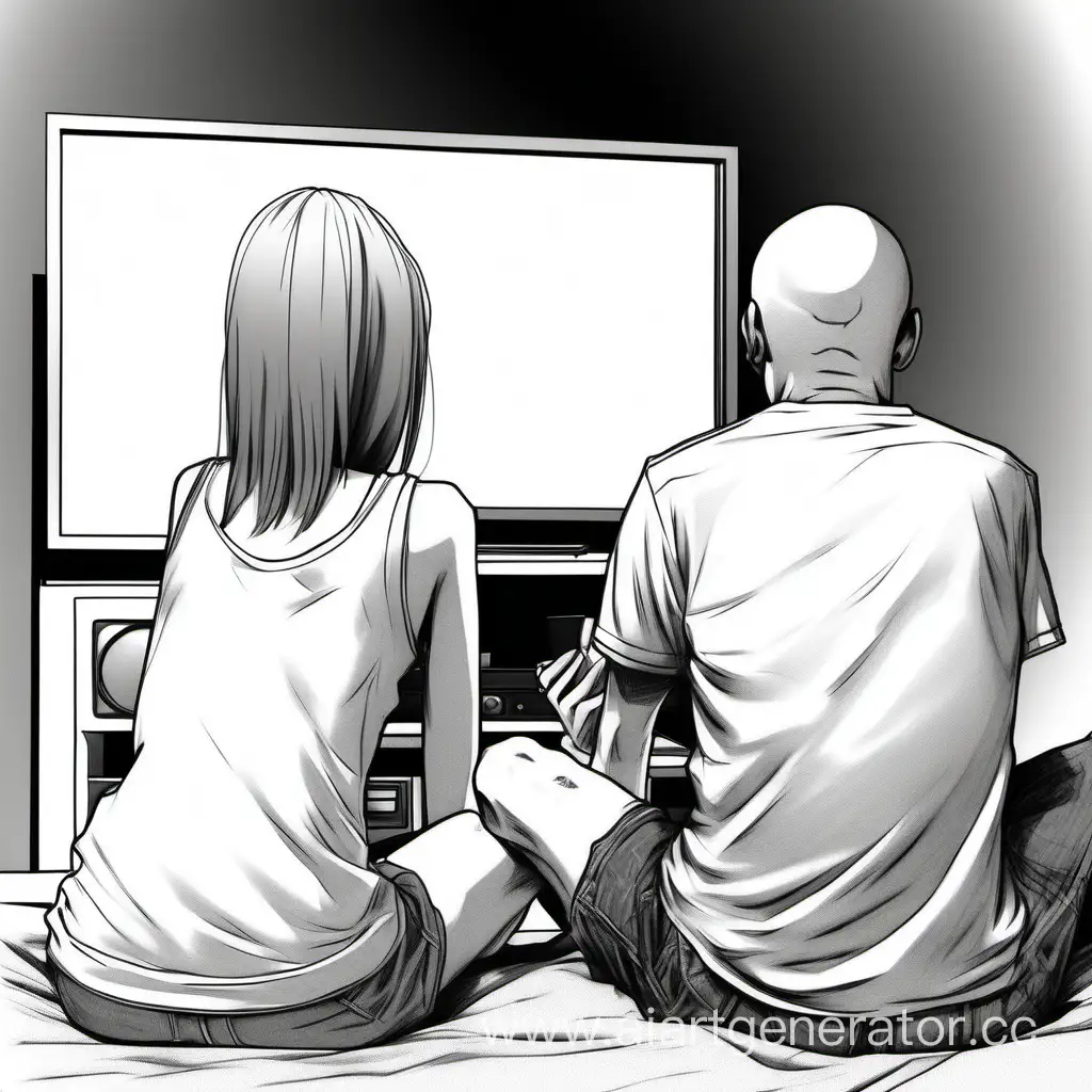 This is a reference drawing for drawing in manga style, with realistic proportions. It shows a guy and a girl watching a movie on a plasma TV. The figure shows only the outline of the figure. There are no clothes, no hair, no eyes in the drawing, just blanks in the form of a pose