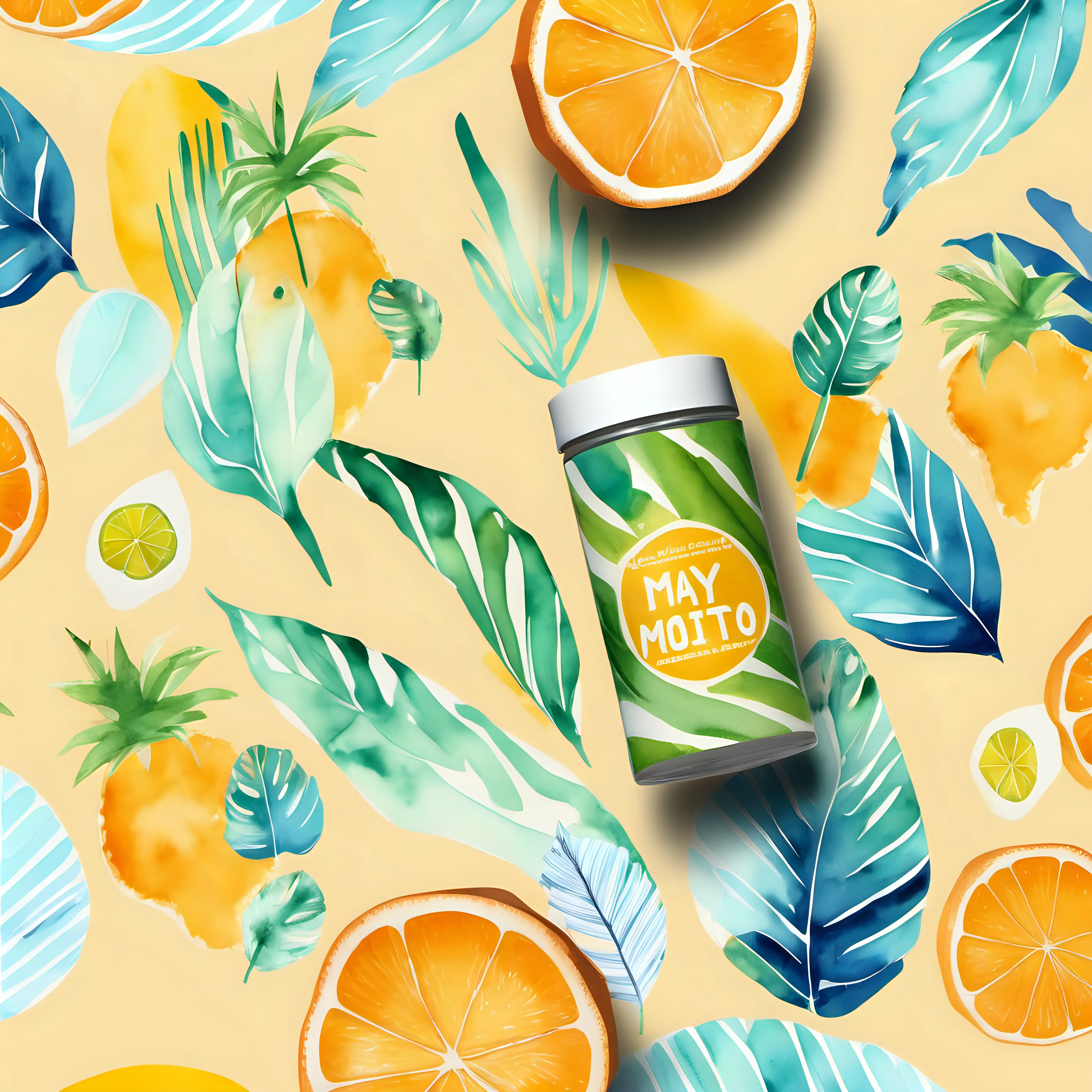 Graphic design for the May box. Abstract print backgrounds or illustrations expressing euphoric summer vibes and the tan glaze aesthetic associated with the Beach ready theme. Visually appealing packaging design. You know what they say: girls just wanna have sun, and happiness comes in waves. So, grab a mojito and dive into this summer beauty playground. watercolor background, patern
