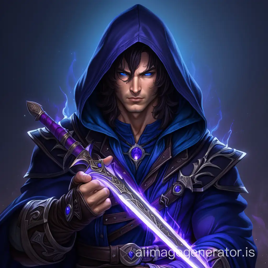 Male Fantasy Rogue with dark purple power shining  dagger, dark blue hood and dark blue clothes, dark hair, beautiful and calm face, shining deep blue eyes