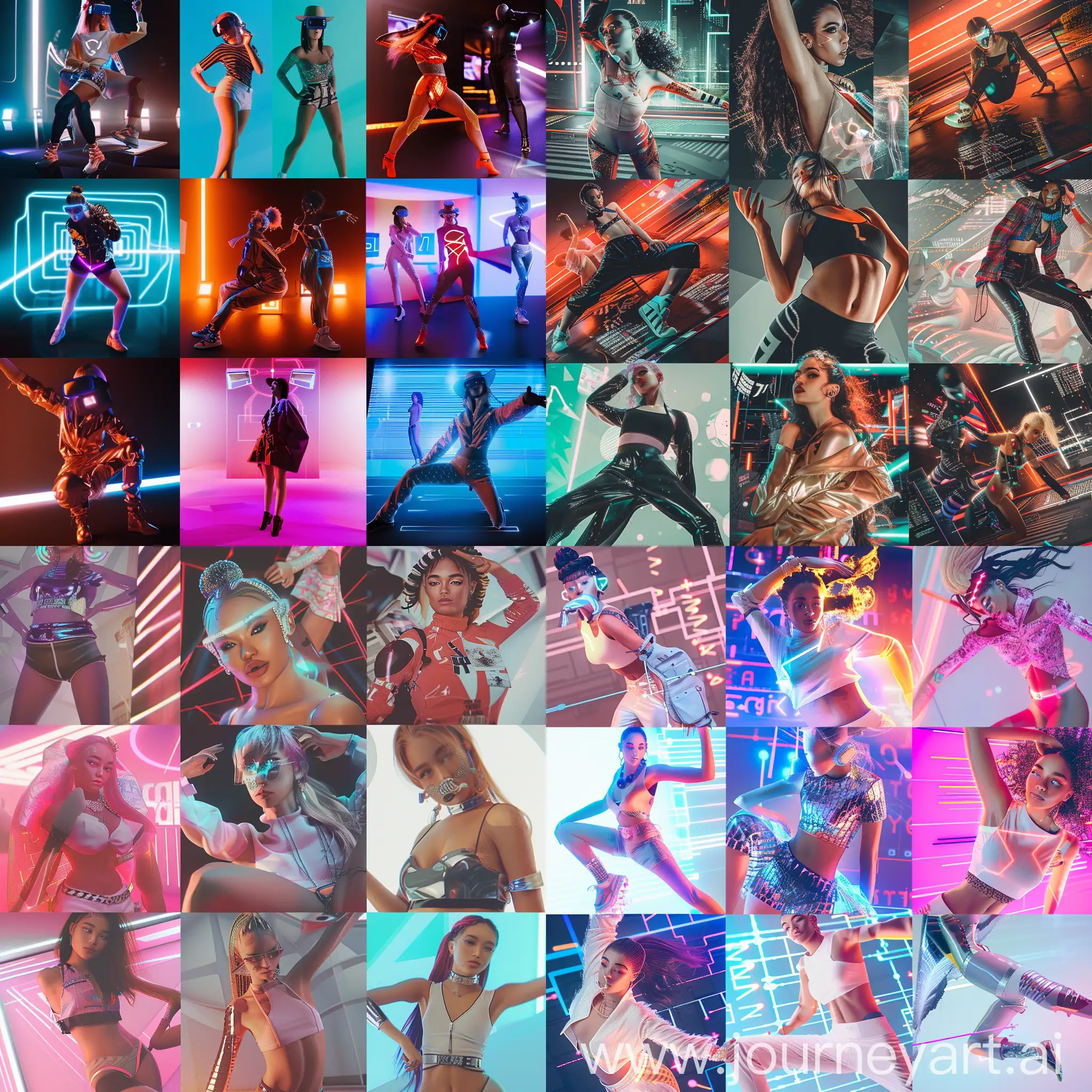 A collage featuring various virtual influencers in dynamic poses, showcasing their diverse styles and the digital environments they inhabit.