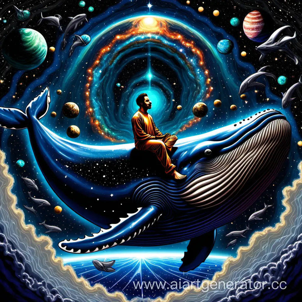 Detailed image of a man in deep meditation sitting on a whale in space