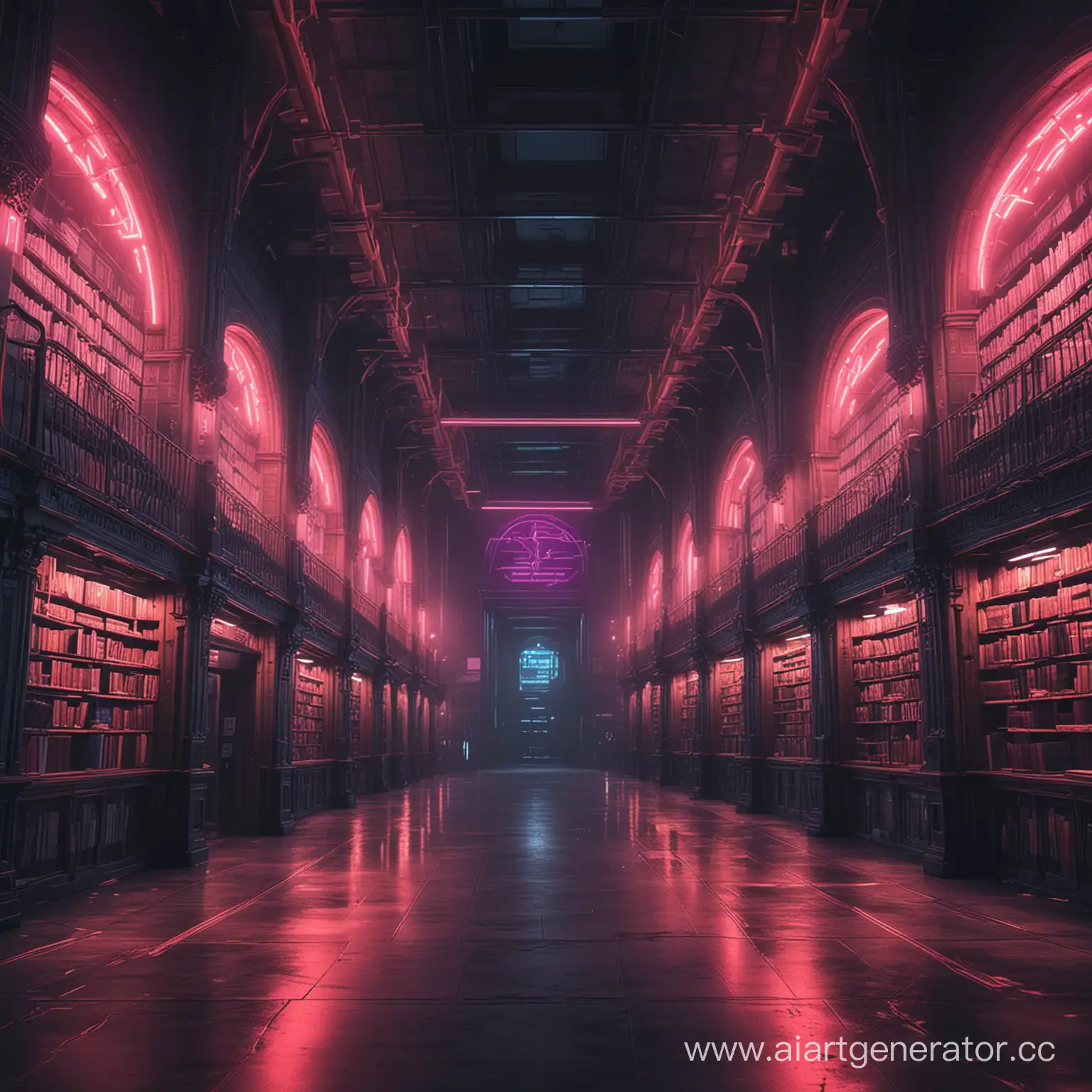 зал библиотеки в стиле киберпанк неон
