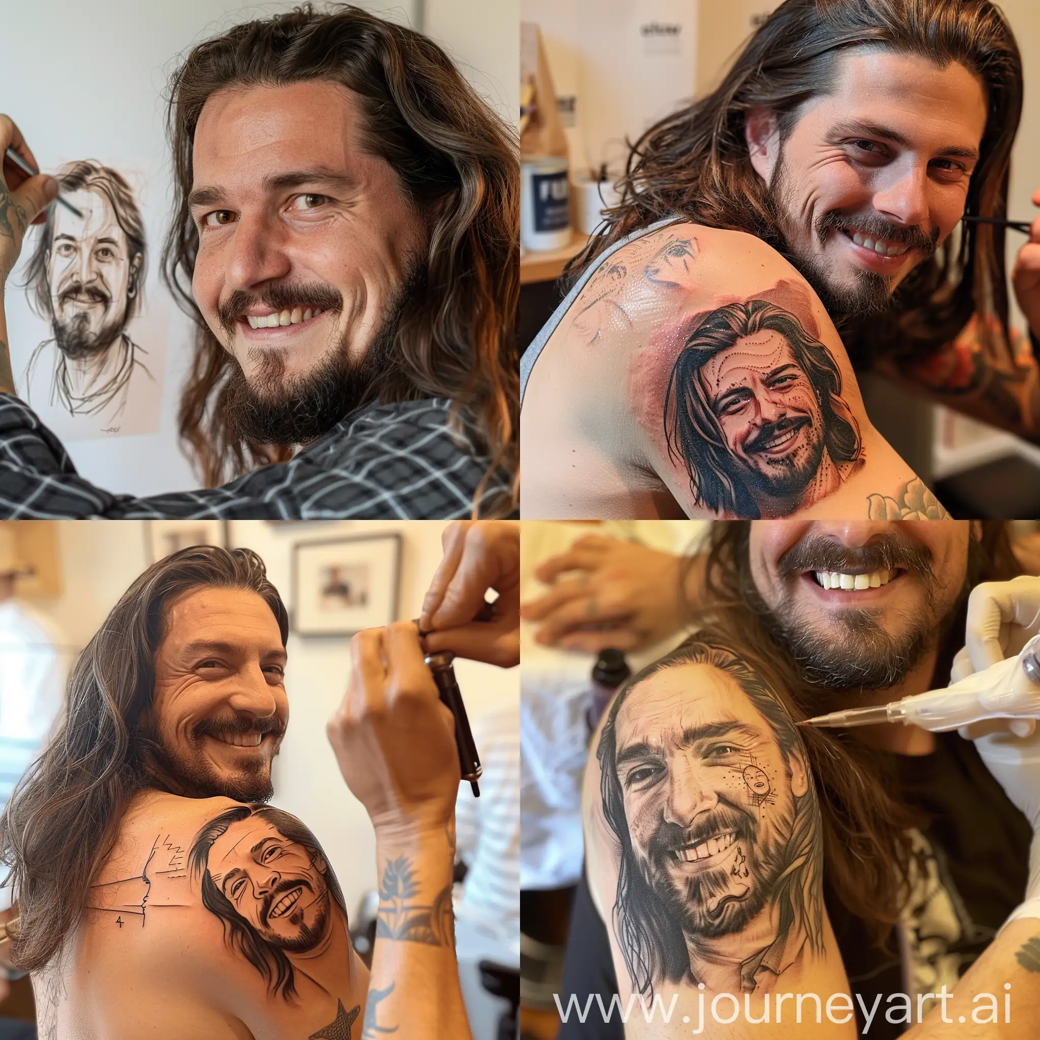 Middleaged-Caucasian-Man-Tattooing-His-Own-Face-on-Arm