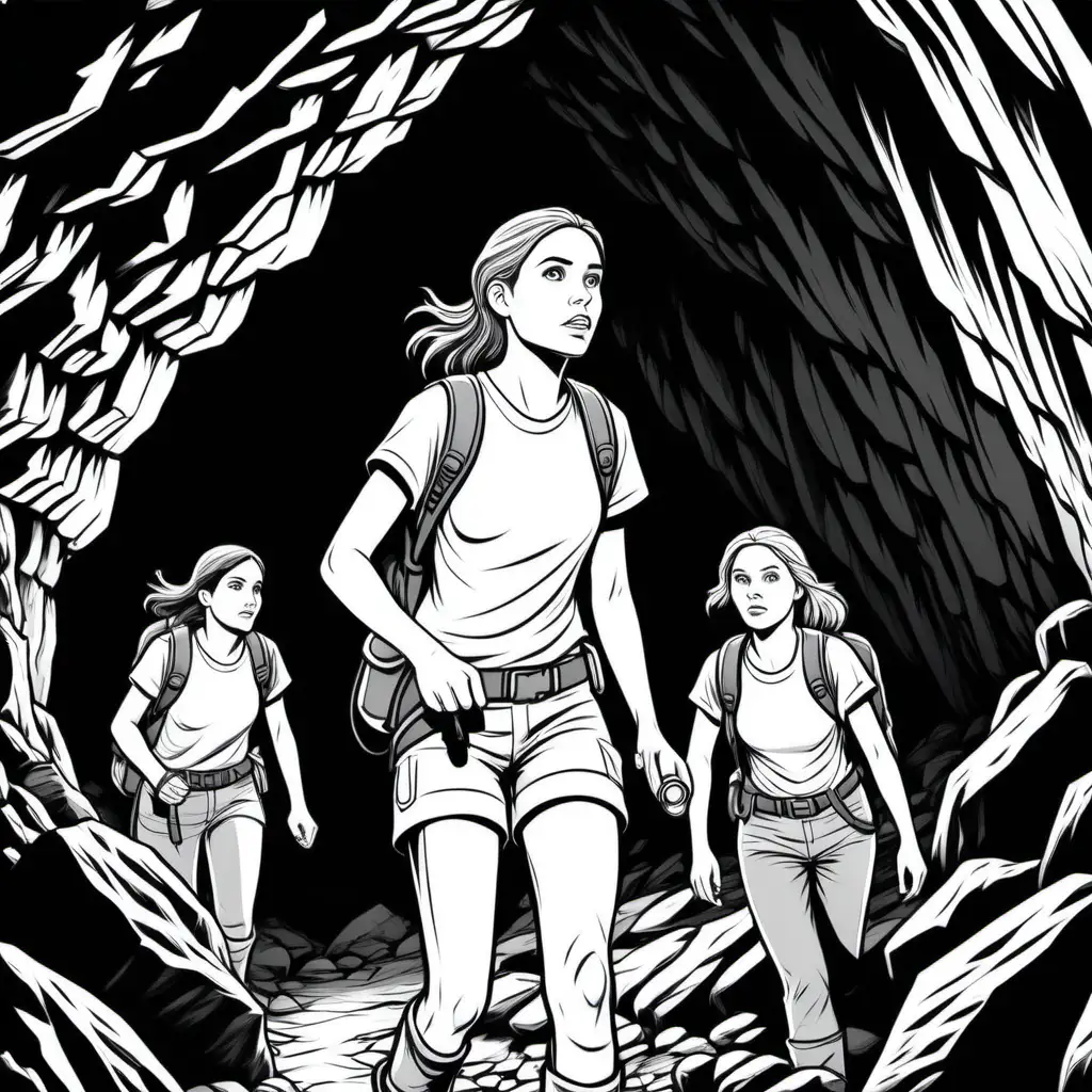 a simple black and white coloring book outline of young women exploring cave with flashlight from 'The Descent' movie