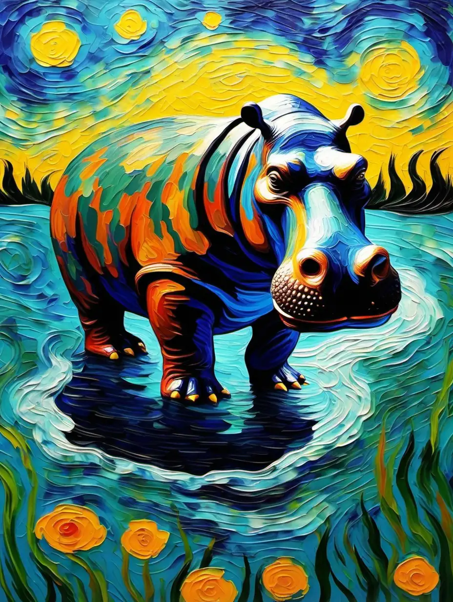 Vibrant-Abstract-Painting-Featuring-a-Playful-Hippopotamus-in-Van-Gogh-Style