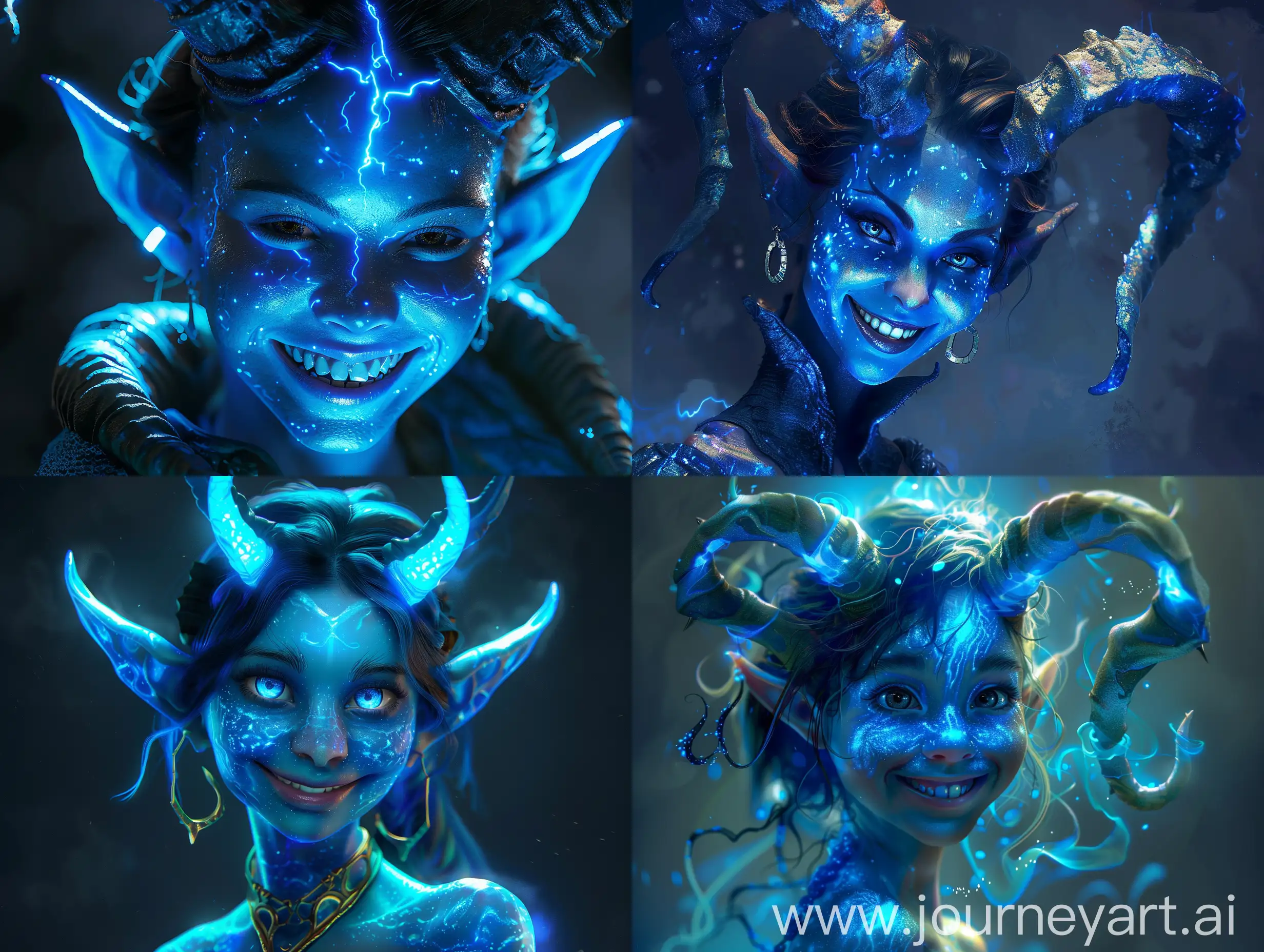  Young beautiful female djinn with glowing blue skin and horns, fantasy, magic, photorealistic, ultradetailed, smiling, mysterious. 