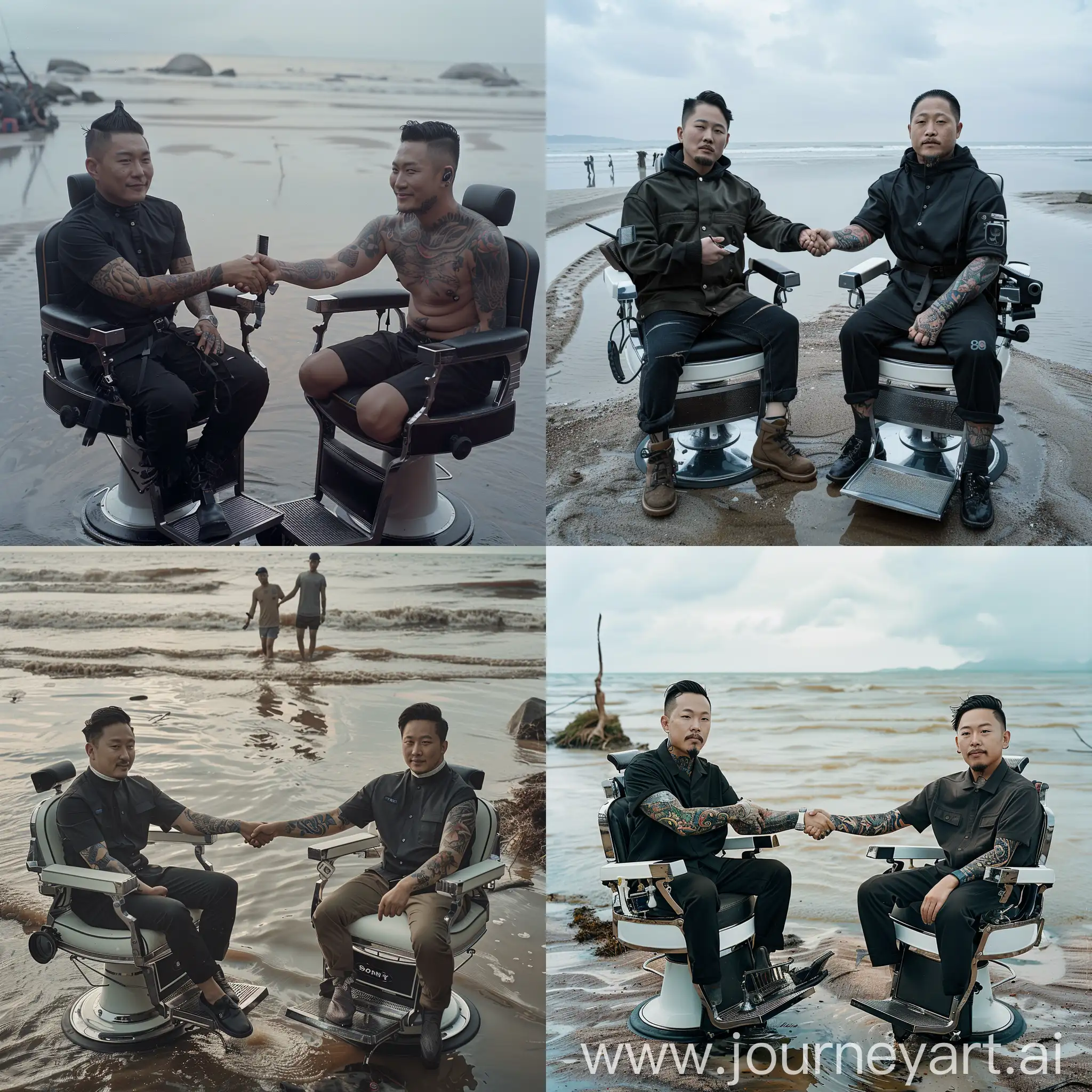 2 pria korea, wajah bersih, sedang duduk di kursi barber premium, berjabat tangan, bertatto, menghadap kamera, di pinggir pantai tergenang, kamera sony, memegang clipper, dreamcacher 8K, 18mm lens, leica kamera
