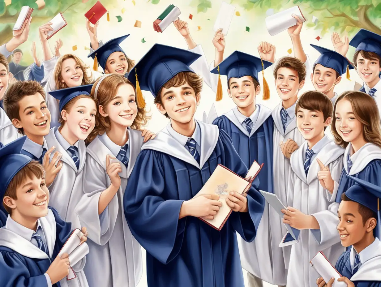 25 year old boy graduating together with his classmates. He is holding his degree and smiling. There are the boys' relatives who are happy and celebrating. The style of the picture should be similar to the drawing of a fairy tale that stimulates the imagination, in the style of Waldorf education