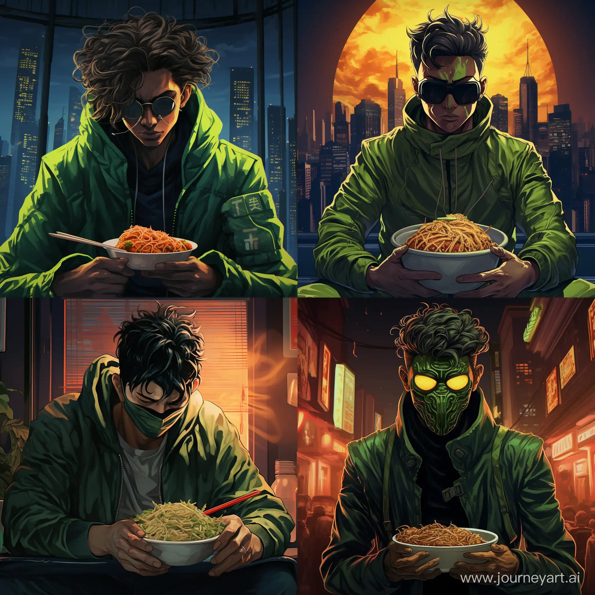 Cyberpunk-Urban-Scene-Guy-in-Japanese-Bomber-Jacket-Eating-Noodles