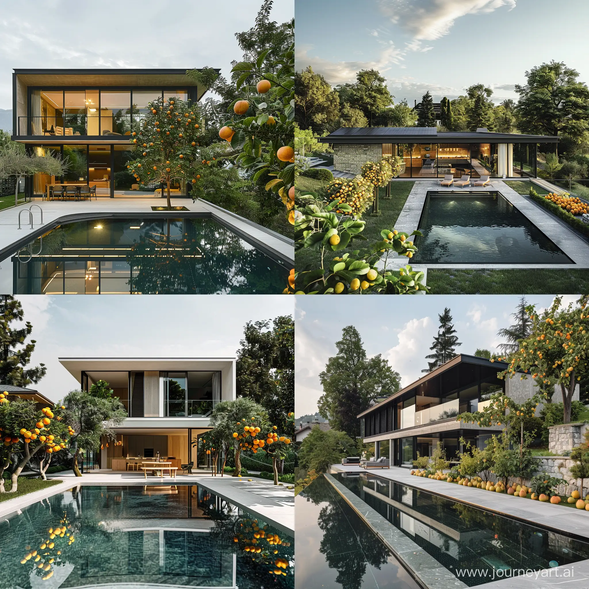 The design of a 40-meter Swiss villa on a 400-meter plot with many fruit trees and a modern pool