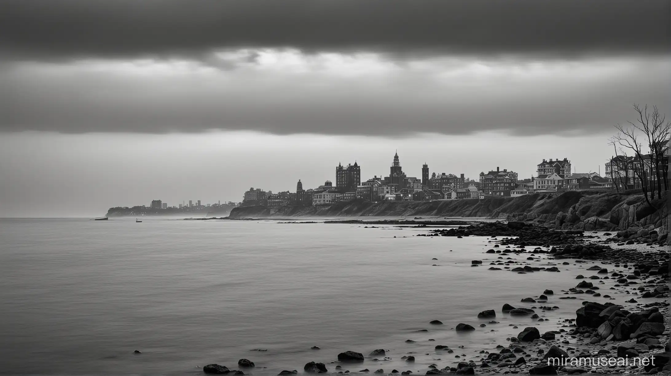 black and white coastal spooky skyline
