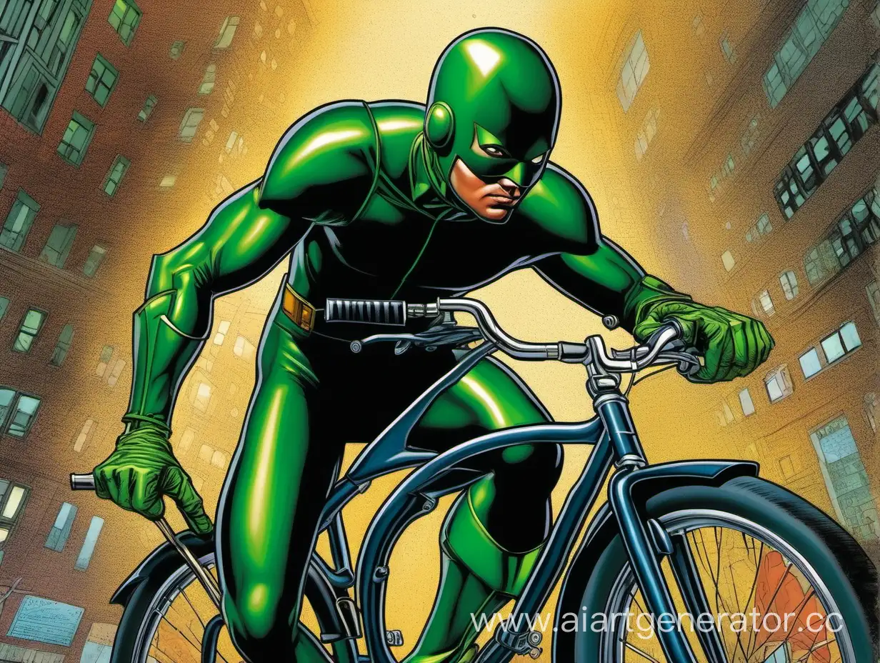 Картина в стиле John Romita Jr. На картине изображен человек в велосипедном шлеме и классическом костюме зеленого цвета. Этот человек это супергерой под именем справедливый ездок.