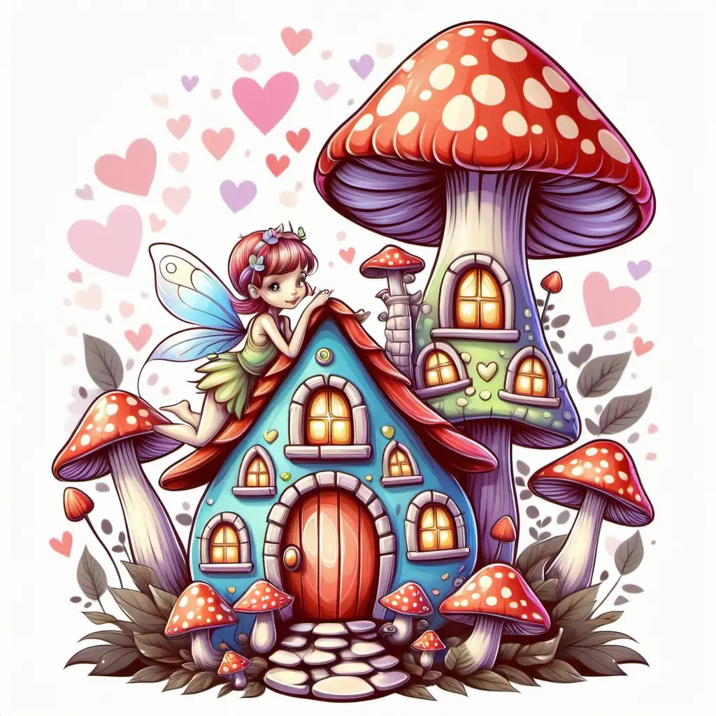 CUTE TINY FAIRY, ON MUSHROOM HOUSE, VERY COLORFUL PASTEL COLORS
VALENTINES  THEME illustration, with great details, flawless line art, white background 