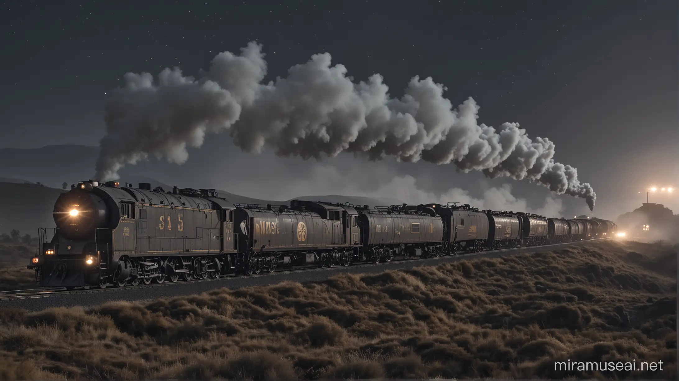 very long steampunk train being towed by three steampunk diesel locomotives runs through the rangy terrain. distant view from a high hill. almost dark. stars are visible. much steam and smoke.