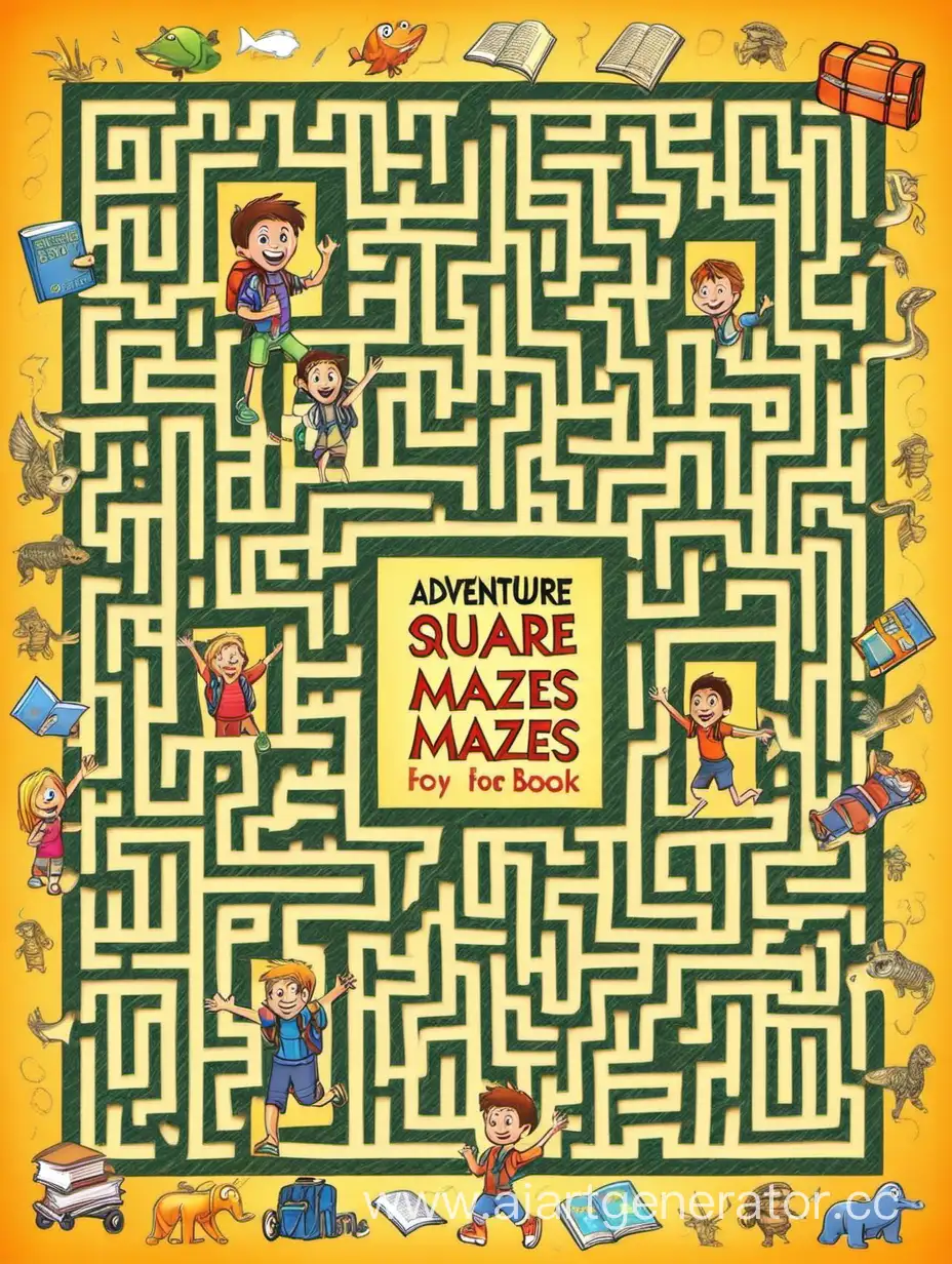 make a book cover with few square mazes. The title will be Adventure Mazes: Travel-Sized Activity Book for Boys and Girls Kids Ages 6-12: with 500 Easy-Medium-Difficulty Puzzles to Solve Brain Puzzle.