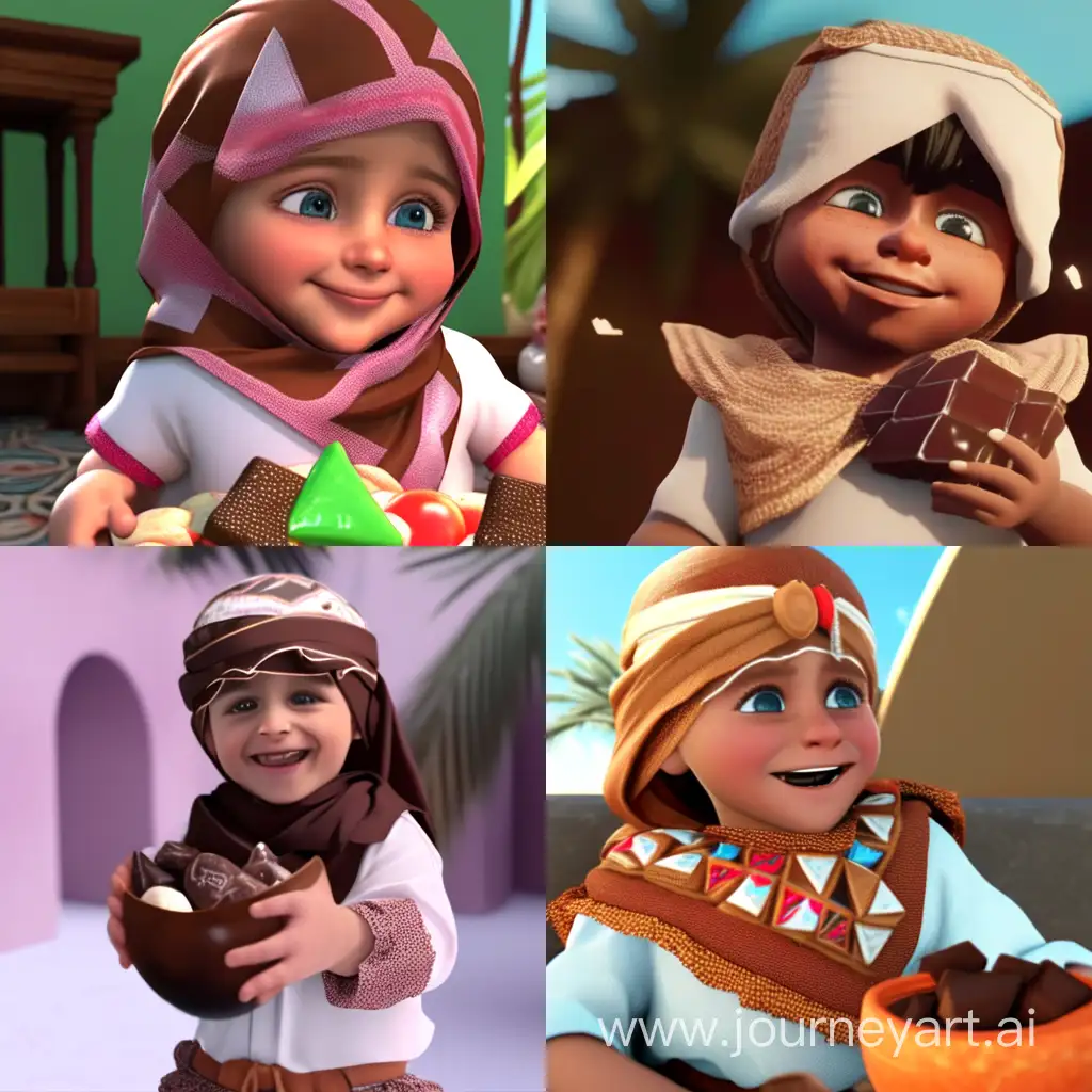 A cute Yemeni child eats chocolate and coconut candy, very happy and laughing. The baby's cheeks are big. Yemeni clothes، 3d animation style