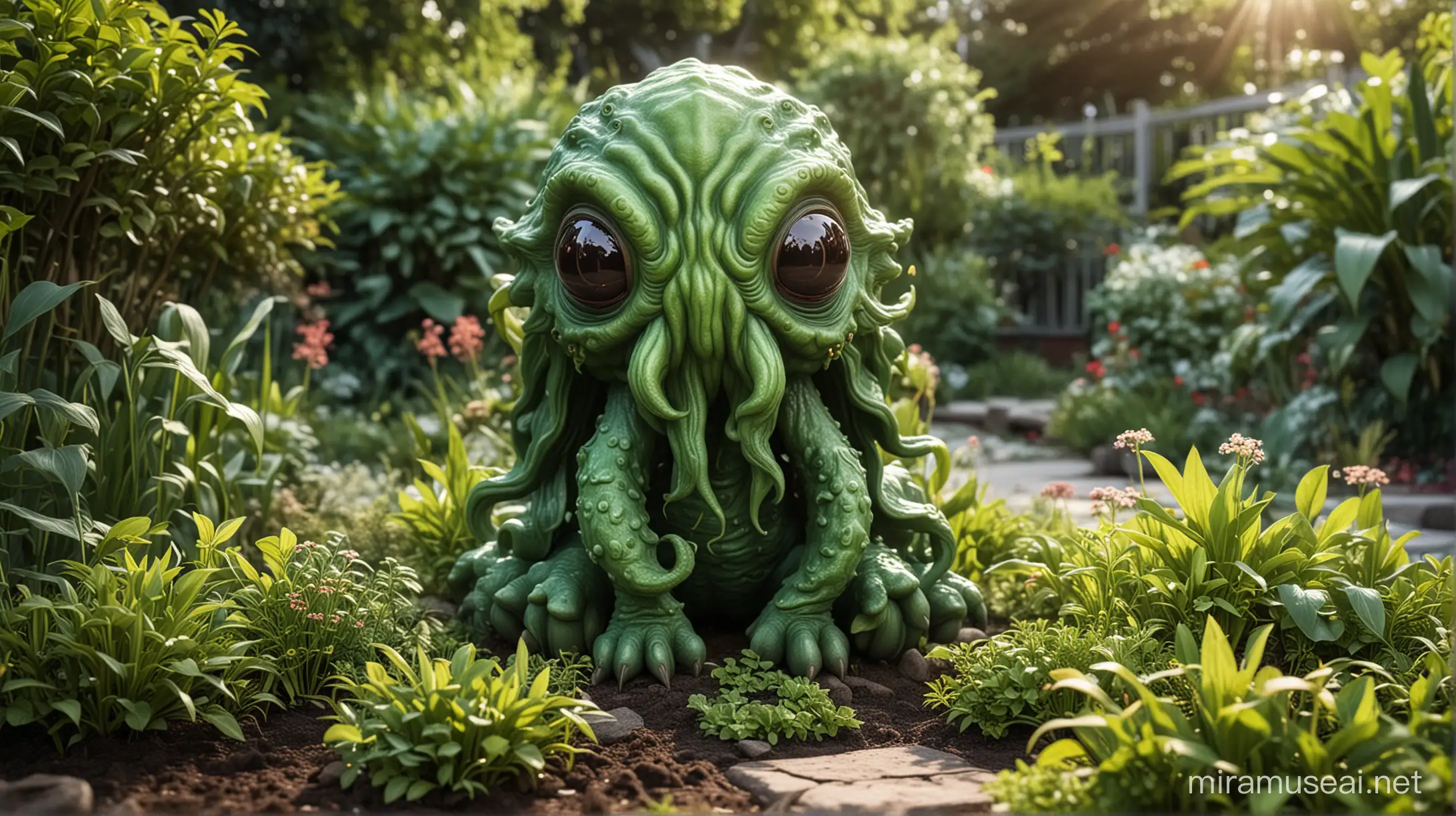 A cute little cthulhu monster in a brightly lit garden.