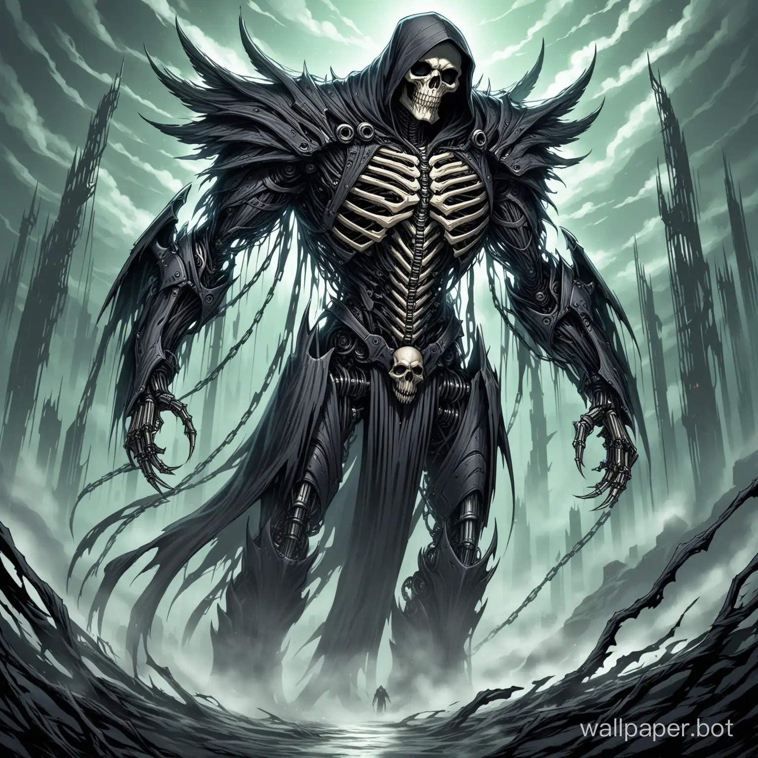 Create a human-like, Bio-mechanical Giant inspired by the grim reaper, angel of death, and heavy metal.