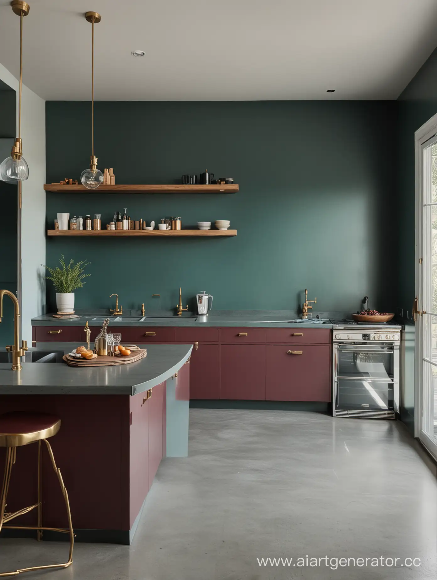 Burgundy-Kitchen-Interior-with-Dark-Aquamarine-Walls-and-Brass-Accents