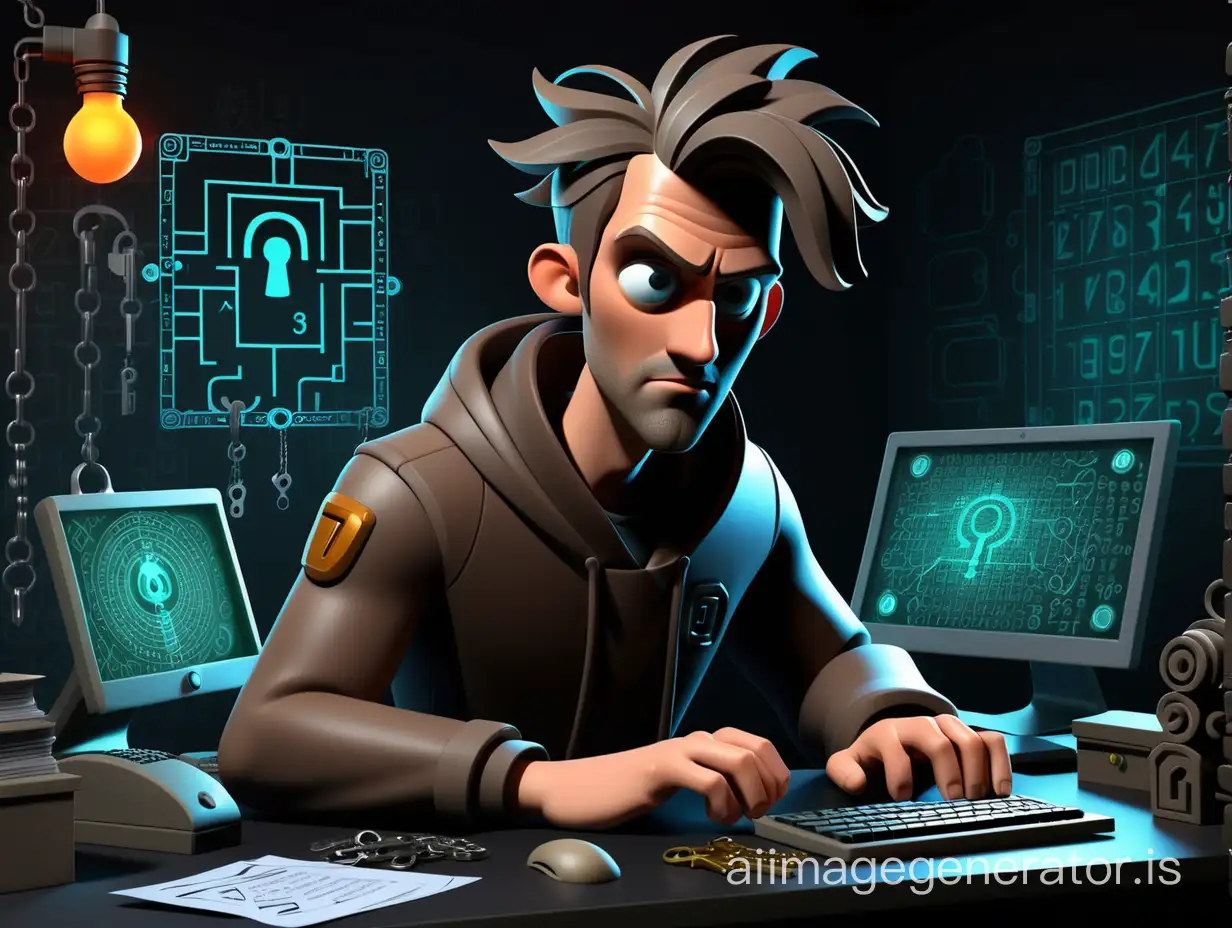 Create an image depicting a character in his thirties sitting at a desk in front of a computer, creating an escape room. Many keys, numbers, letters, passwords, locks revolve around it. Futuristic atmosphere, classroom, dark background.