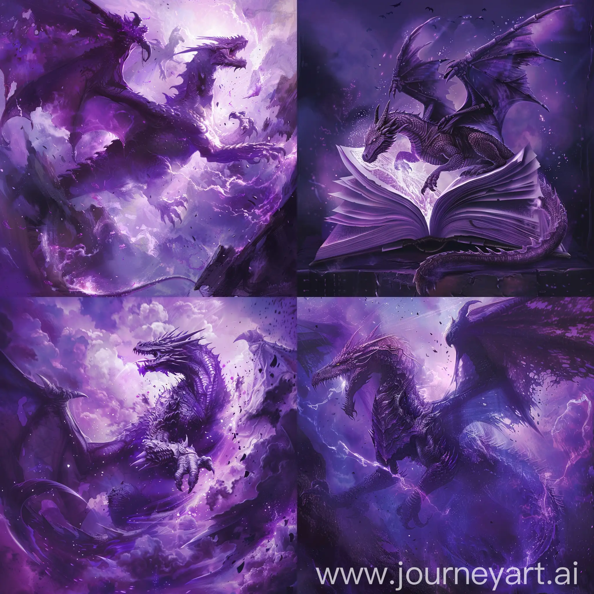 crea la portada de un libro de fantasía con un dragón y colores morados