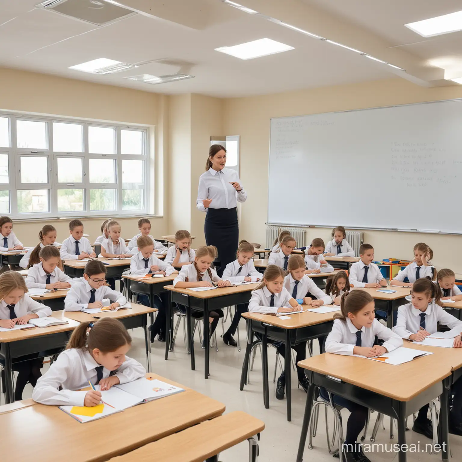 primary school pupils, teacher, modern classroom
