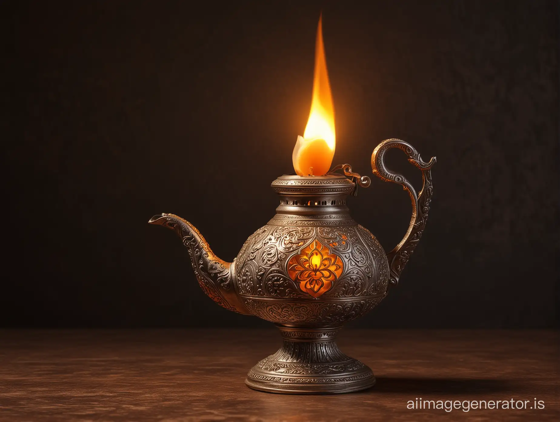 A silvery classic oil lamp burning with a yellow-orange flame. The lamp has fine details that suggest an ancient design, placed outdoors on a dark brown Ramadan background.