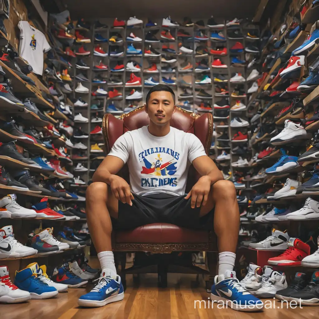 A man sitting on a king’s chair is flexing his jordan shoes. He is in a room full of jordan sneakers and kobe sneakers. He is from Philippines and wearing shirt with philippines logo