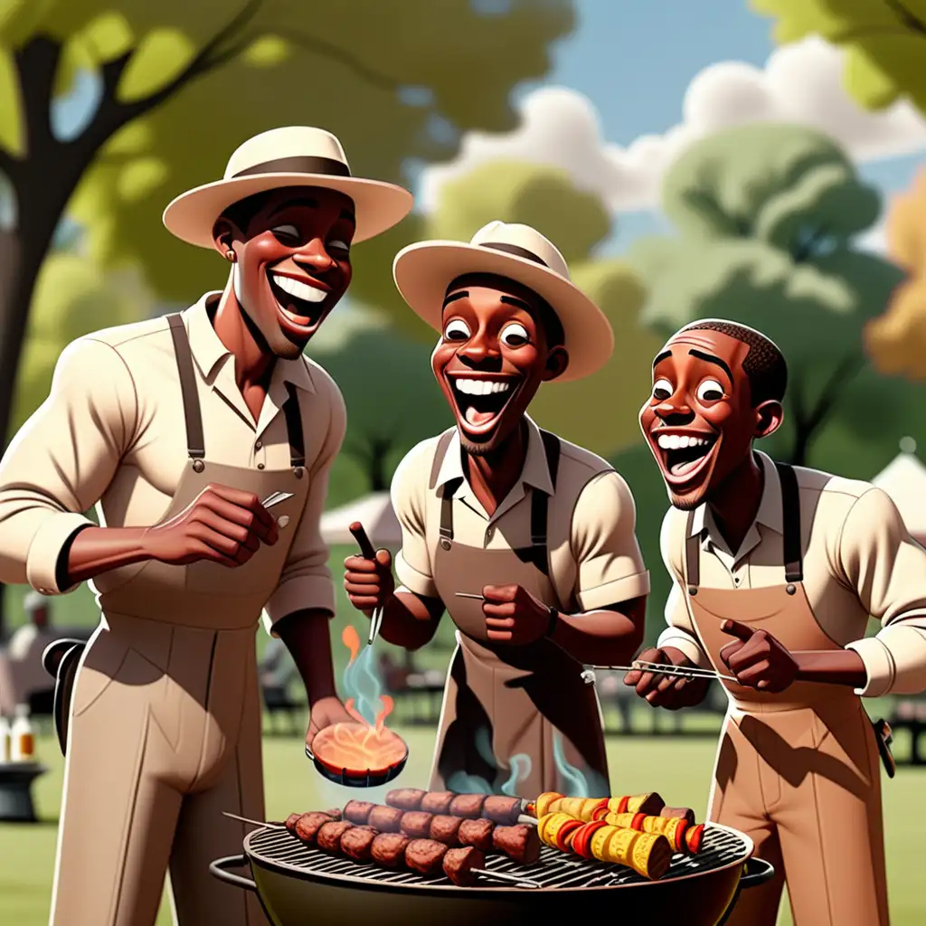 cartoon style 1900s light-skinned  African American men talking and laughing  and barbequing in the park