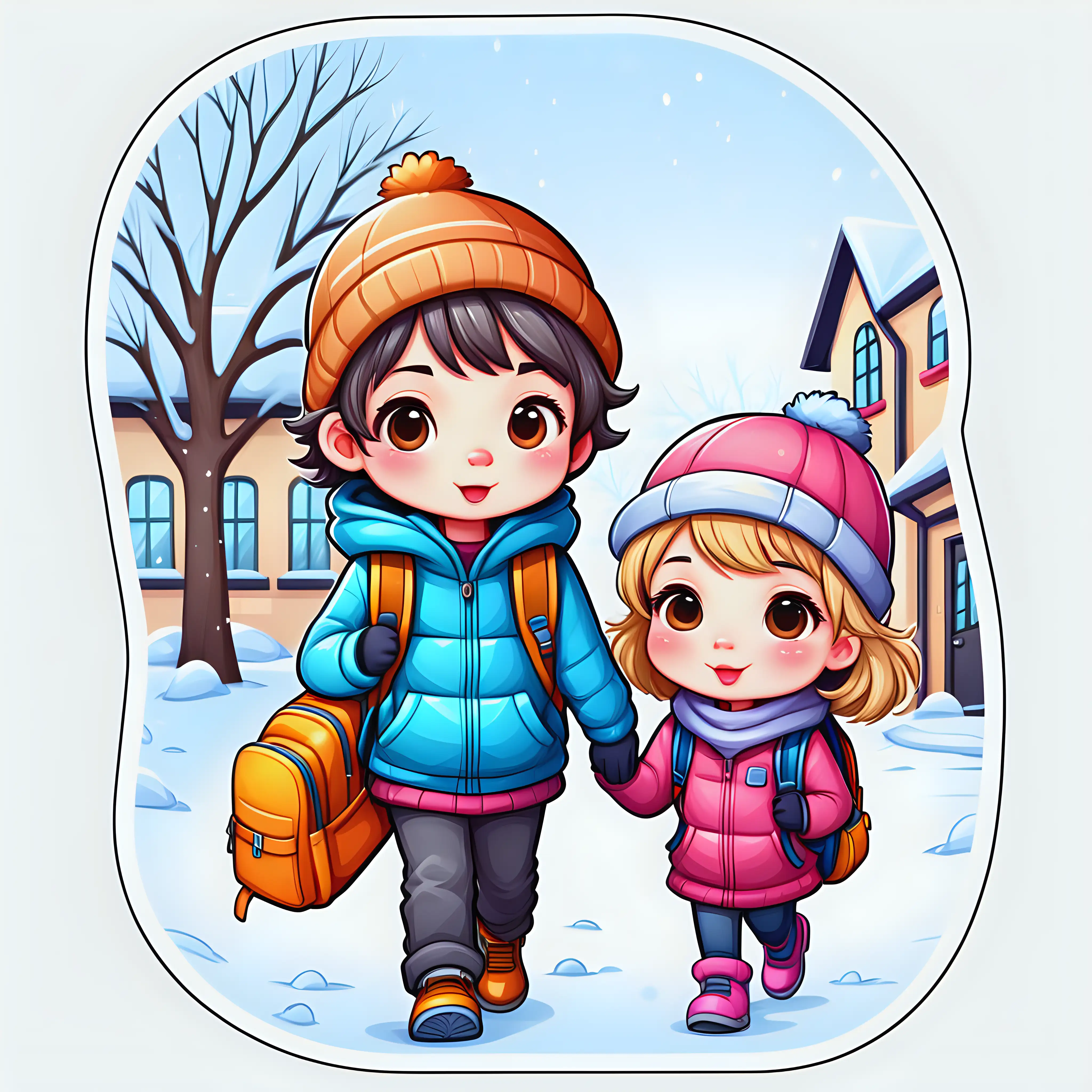 Cute Chibi Kids with School Bags on a Snowy Day | MUSE AI