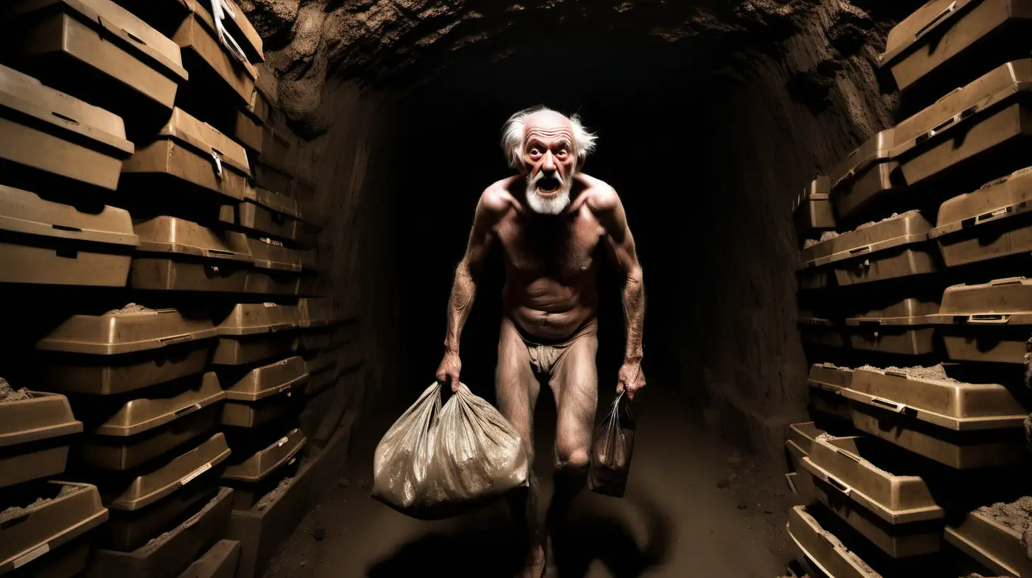 Really high ceiling, a very hairy scary looking old man coverd in dirt, shirtless, carrying old bag, walking in dark wide tunnel thousands of feet tall, numbered coffins stacked vertical thousands of feet as walls, REALLY high ceilings, dim light, striking, many coffins stacked vertically