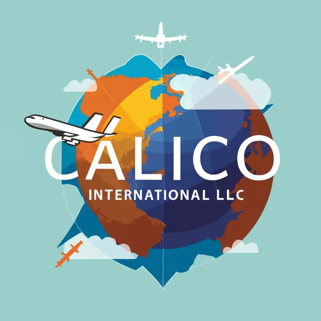 logo, Coloured Globe without red colour,map, aeroplane,, with the text "Calico International LLC", typography
