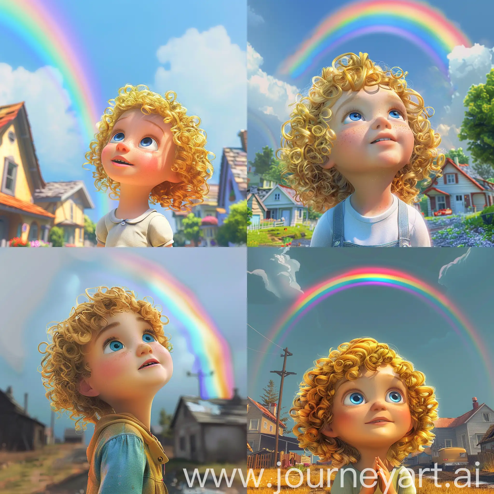 6岁女孩，金色卷发，蓝眼睛，站在小镇郊外，仰望着天空中的彩虹，皮克斯风格