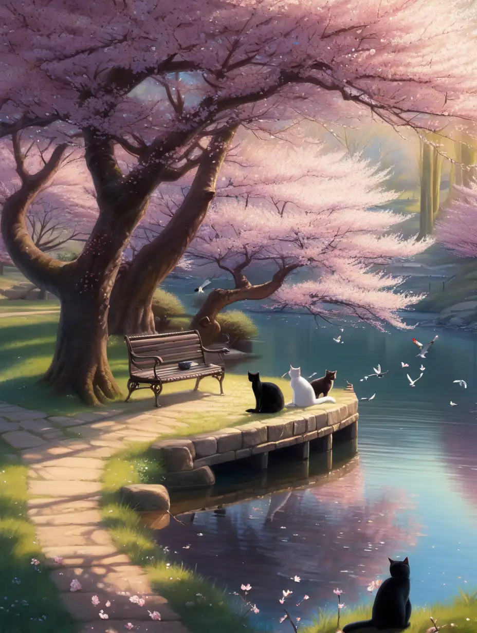  bohemian aesthetic, afternoon shade, cherry blossom tree park, lake, birds, cats, pretty, rich dark gleaming colors, enosis, spring