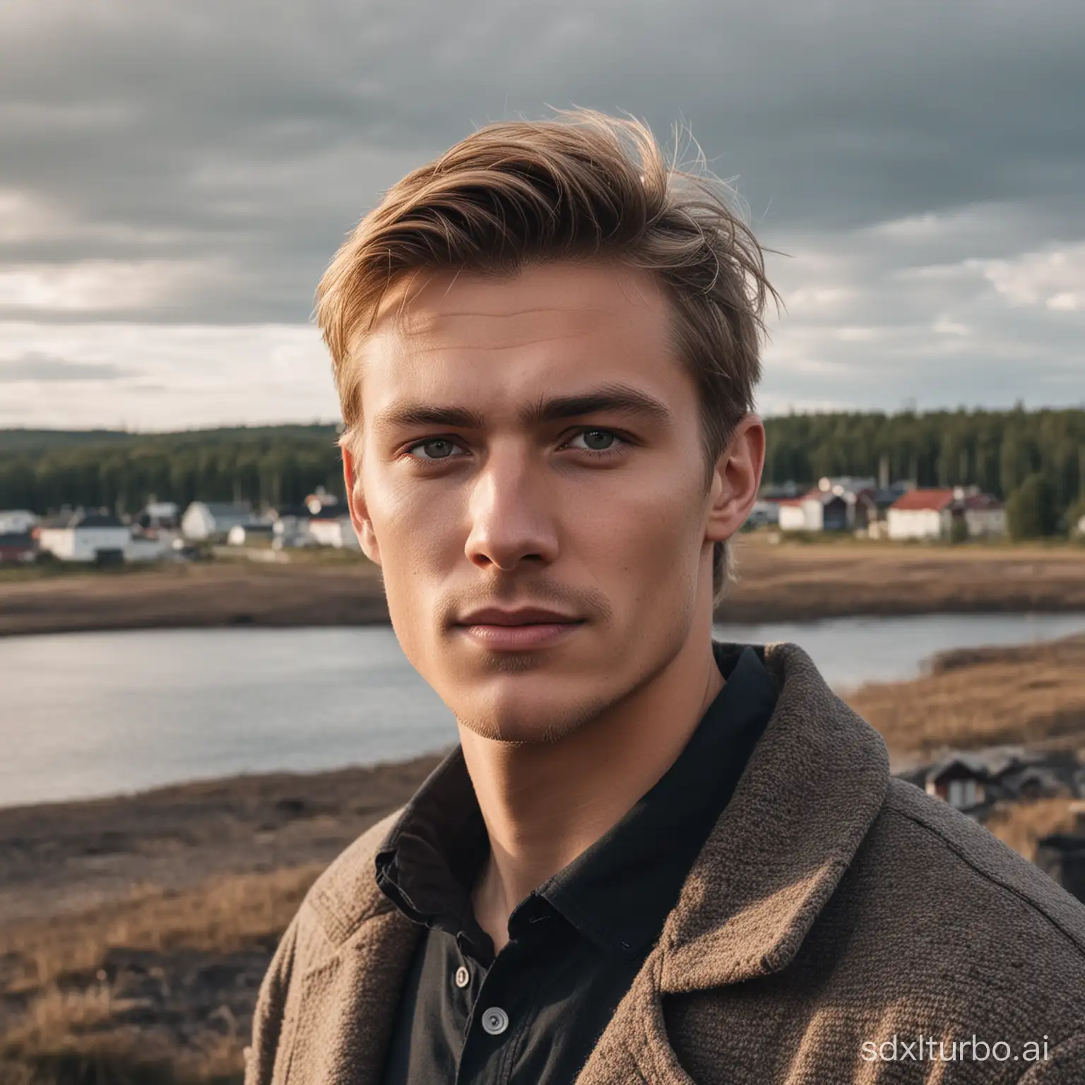 a cinematic portrait photo of a handsome young Finnish man, home country in the background