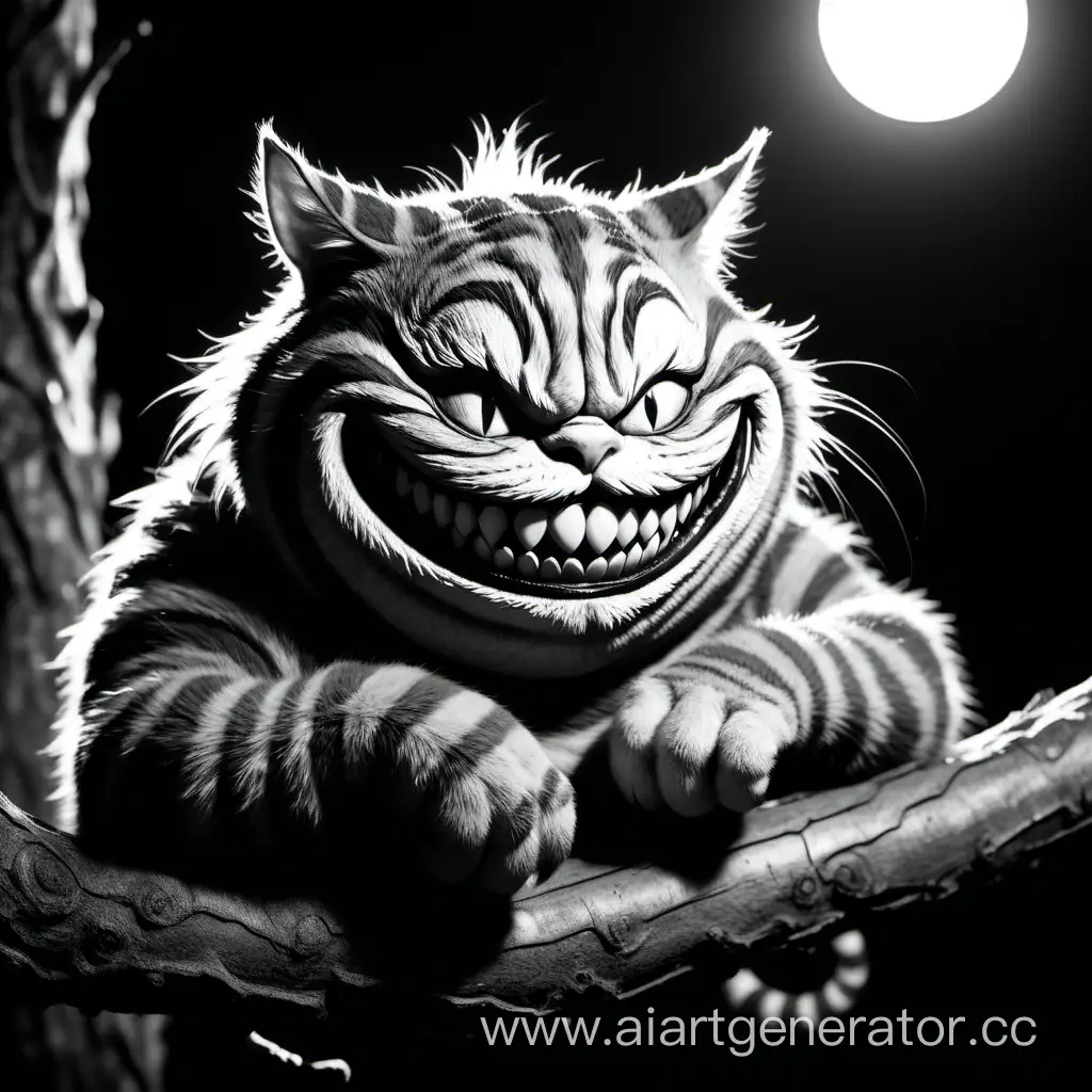 the chubby Cheshire cat with a wicked smile, big sharp teeth, on the branch black and white