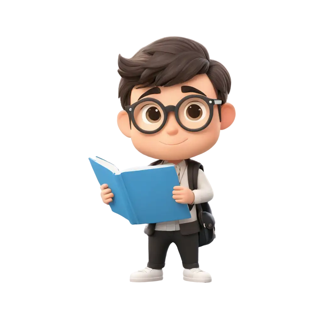 vector image, A chibi character with a book in his hand and wearing spectables, illustration



